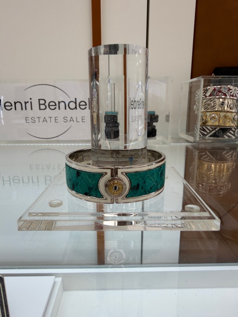 Henri Bendel Green Enamel Hinged Bangle Bracelet with Silver Accents